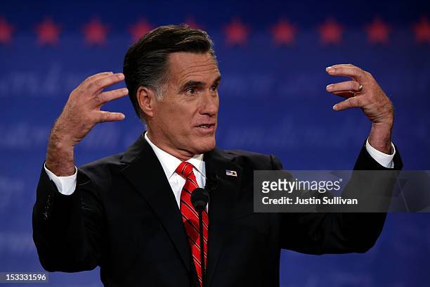 Republican presidential candidate, former Massachusetts Gov. Mitt Romney speaks during the Presidential Debate at the University of Denver on October...