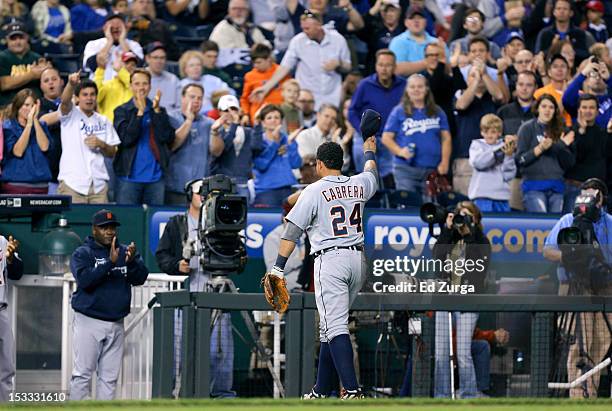 Miguel Cabrera of the Detroit Tigers waves his cap to the crowd as he leaves a game against the Kansas City Royals in the fourth inning at Kauffman...