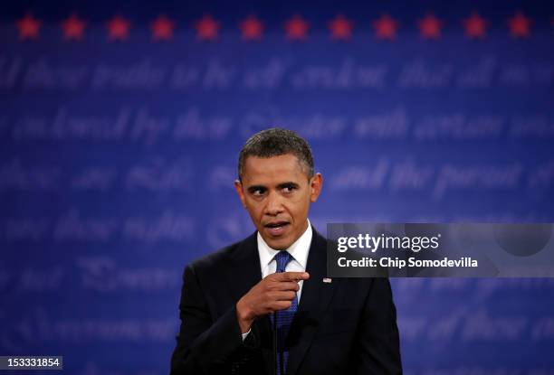 Democratic presidential candidate, U.S. President Barack Obama speaks during the Presidential Debate at the University of Denver on October 3, 2012...