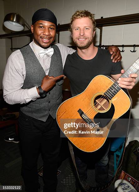 Robert Randolph and Dierks Bentley backstage at the "Love For Levon" Benefit To Save The Barn at Izod Center on October 3, 2012 in East Rutherford,...