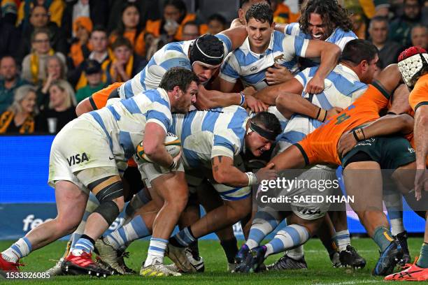 Argentina's Julián Montoya tackles during the Rugby Championship match between Argentina and Australia at Commbank Stadium in Sydney on July 15,...