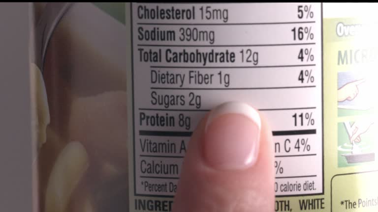Female finger follows text on nutrition label displayed on backside of can of food Stock Footage Video