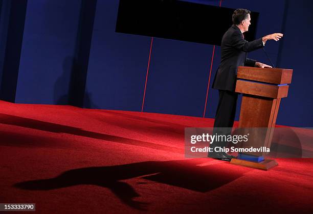 Republican presidential candidate, former Massachusetts Gov. Mitt Romney speaks during the Presidential Debate at the University of Denver on October...