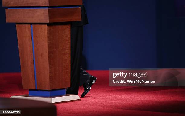 Detailed shot of the Democratic presidential candidate, U.S. President Barack Obama at the podium as he speaks during the Presidential Debate at the...