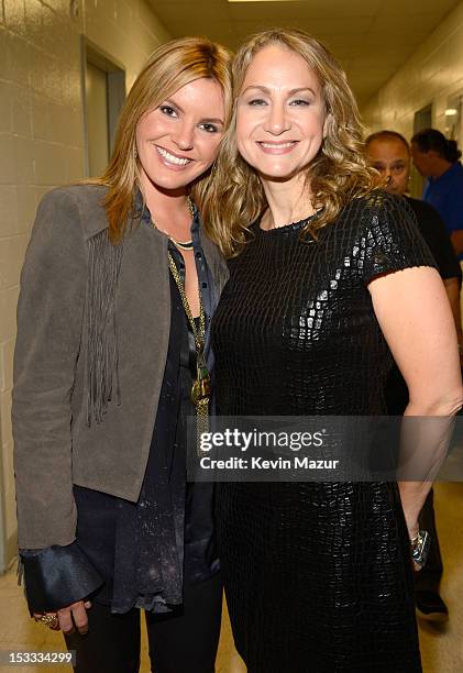 Grace Potter and Joan Osborne backstage at the "Love For Levon" Benefit To Save The Barn at Izod Center on October 3, 2012 in East Rutherford, New...