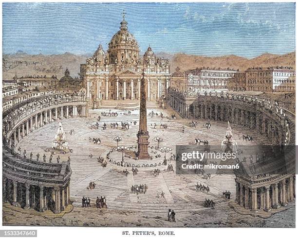 old engraved illustration of st. peter's square, rome, italy - 16th century stock pictures, royalty-free photos & images