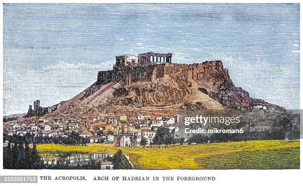 old engraved illustration of acropolis at athens and mausoleum of hadrian in the foreground - fallen lord stock pictures, royalty-free photos & images
