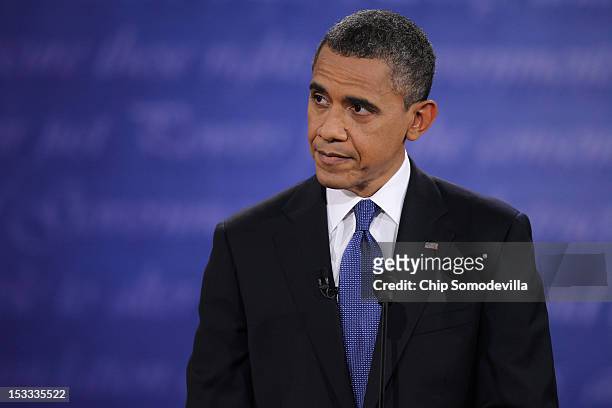 Democratic presidential candidate, U.S. President Barack Obama speaks during the Presidential Debate at the University of Denver on October 3, 2012...