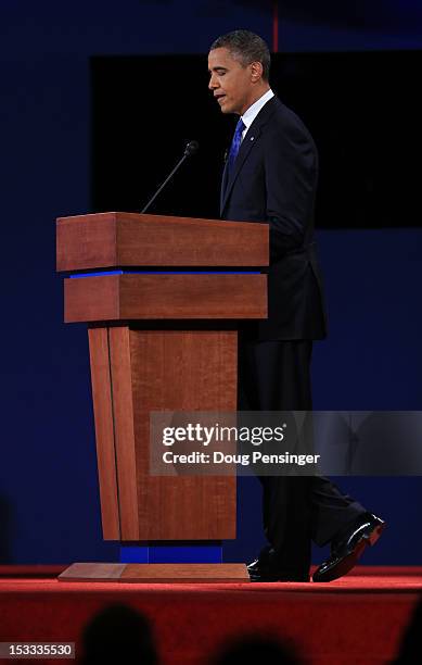 Democratic presidential candidate, U.S. President Barack Obama speaks during the Presidential Debate at the University of Denver on October 3, 2012...