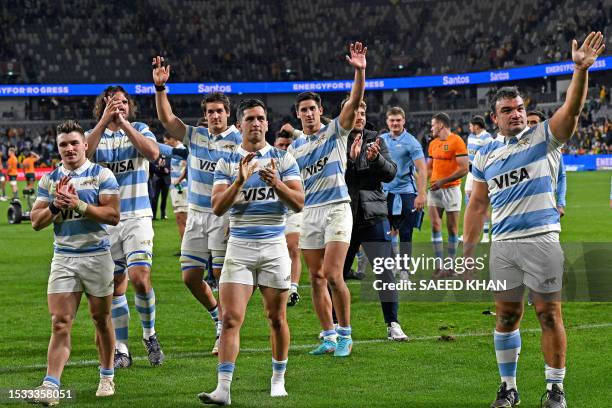 Argentina players celebrate their victory against Australia during the Rugby Championship match between Argentina and Australia at Commbank Stadium...