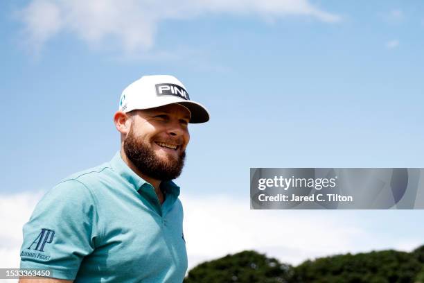 Tyrrell Hatton of England walks off the 10th green during a practice round prior to the Genesis Scottish Open at The Renaissance Club on July 11,...