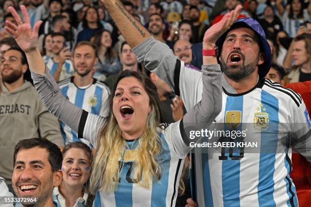 Argentina fans celebrate their victory against Australia during the Rugby Championship match between Argentina and Australia at Commbank Stadium in...