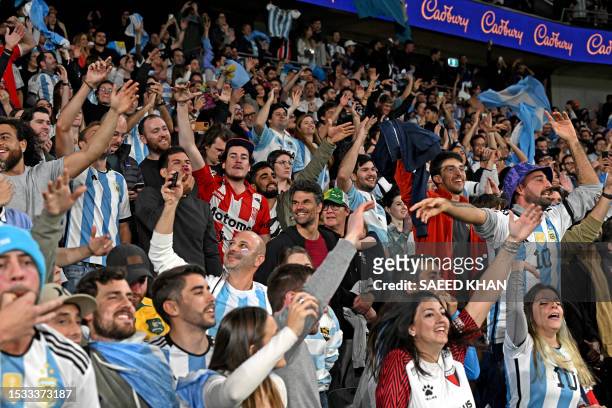 Argentina fans celebrate their victory against Australia during the Rugby Championship match between Argentina and Australia at Commbank Stadium in...