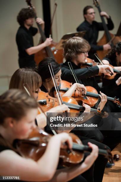 orchestra playing musical instruments together - violin family stock pictures, royalty-free photos & images