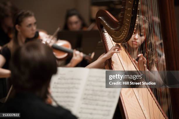 musicians playing orchestra together - instrumento de cuerdas fotografías e imágenes de stock