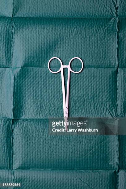 a pair of surgical scissors on a surgical drape - surgical tools stock pictures, royalty-free photos & images
