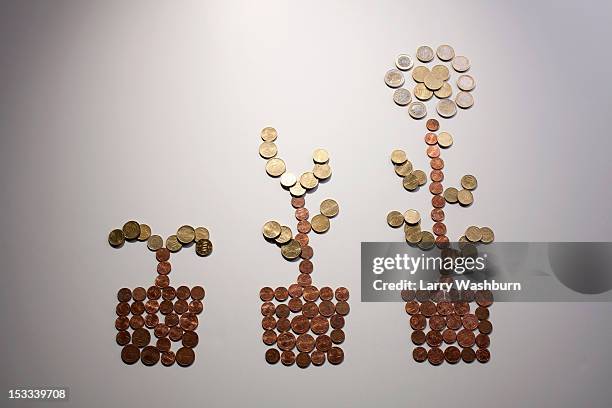 european union coins arranged to the shape of a flower in three stages of growth - european union currency stock-fotos und bilder