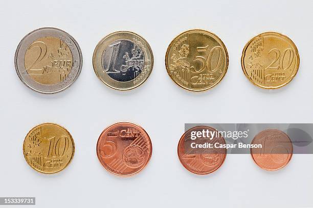 euro coins arranged in numerical order, front view - zwanzig euro cent stock-fotos und bilder