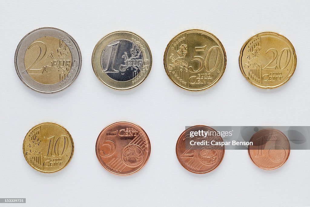 Euro coins arranged in numerical order, front view