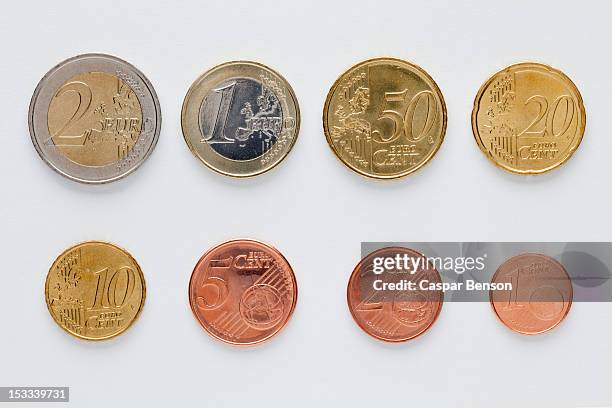 euro coins arranged in numerical order, front view - euro coin stock pictures, royalty-free photos & images