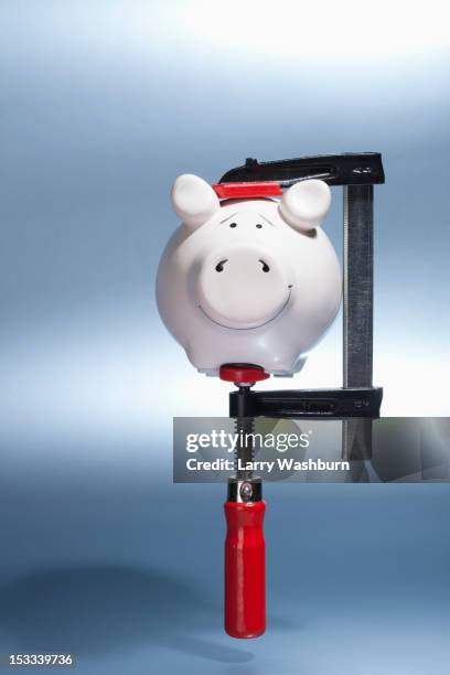 a piggy bank being held in a vise grip suspended in mid-air - alicate bloqueador imagens e fotografias de stock