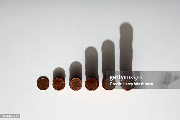 rows of stacks of five cent euro coins increasing in size - five cent coin stockfoto's en -beelden