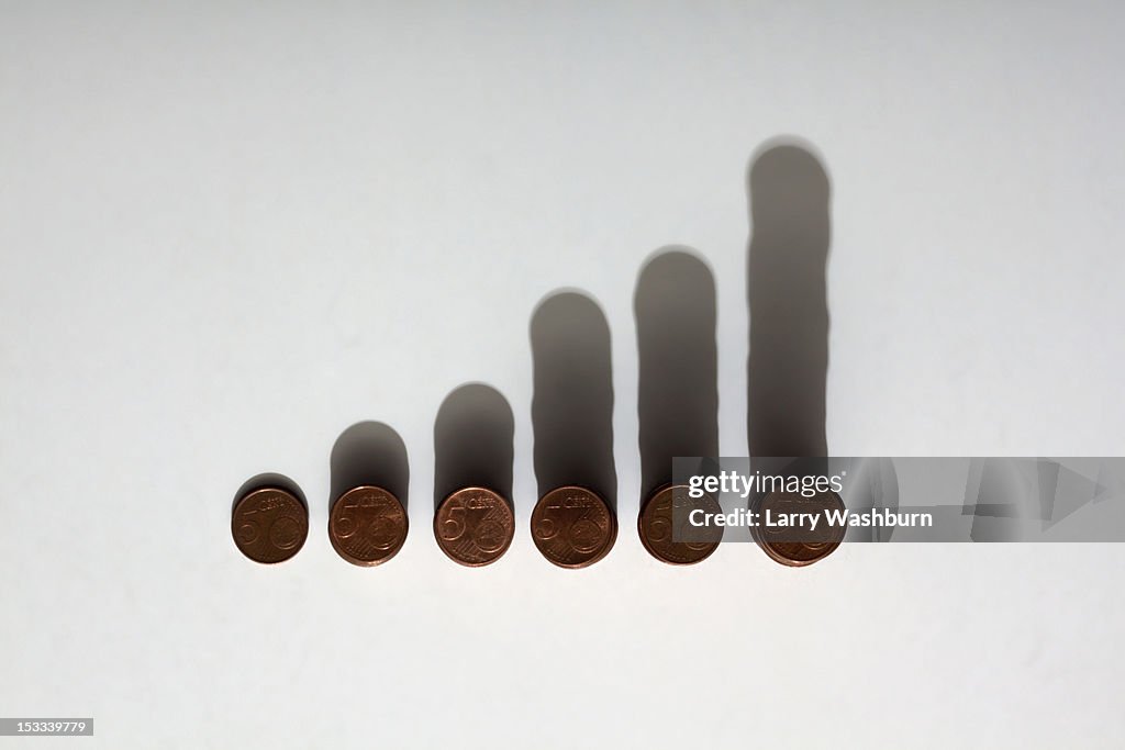 Rows of stacks of five cent Euro coins increasing in size