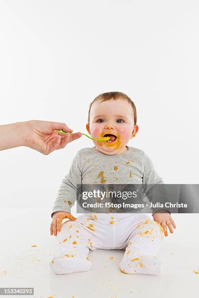 an adult feeding a baby - spoon in hand stock pictures, royalty-free photos & images