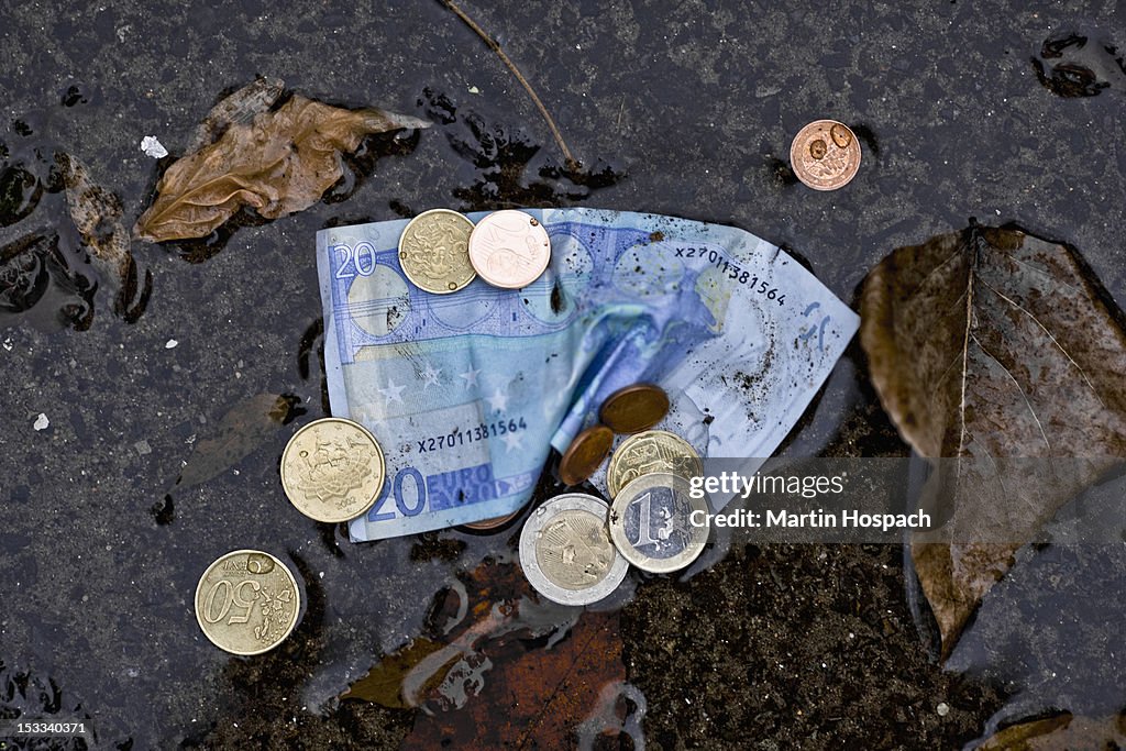 A twenty euro banknote and euro coins in a puddle