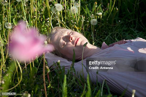 a woman lying in the grass sleeping, close-up - close up gras stock-fotos und bilder
