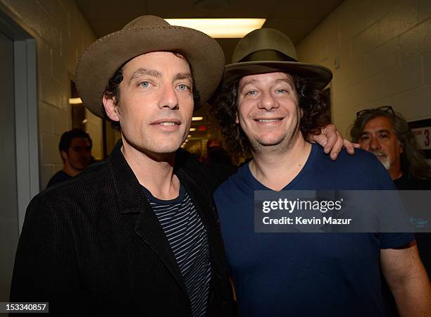 Jakob Dylan and Jeffrey Ross backstage at the "Love For Levon" Benefit To Save The Barn at Izod Center on October 3, 2012 in East Rutherford, New...