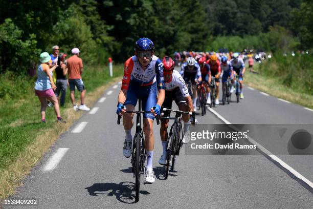 Krists Neilands of Latvia and Team Israel-Premier Tech and Bryan Coquard of France and Team Cofidis compete in the breakaway during the stage ten of...