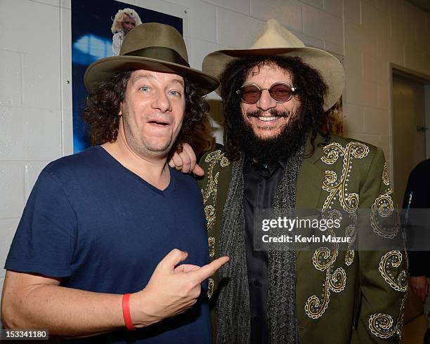 Jeffrey Ross and Don Was backstage at the "Love For Levon" Benefit To Save The Barn at Izod Center on October 3, 2012 in East Rutherford, New Jersey.