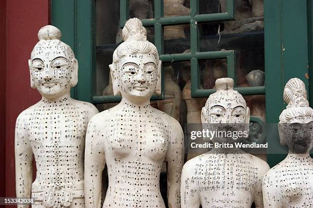 acupuncture statues at panjiayuan antique market, beijing, china - chinese medicine stock-fotos und bilder