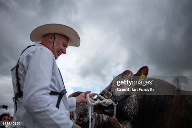 Man stands with his bull after leaving the judging arena during the first day of the 164th Great Yorkshire Show on July 11, 2023 in Harrogate,...