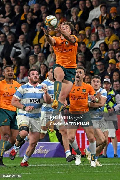 Australias Mark Nawaqanitawase catches the ball during the Rugby Championship match between Argentina and Australia at Commbank Stadium in Sydney on...