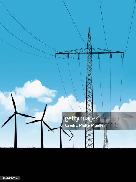 illustrations, cliparts, dessins animés et icônes de electricity pylons and wind turbines - pylone-electrique
