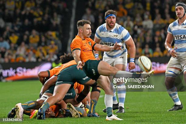 Australias Nic White kicks the ball during the Rugby Championship match between Argentina and Australia at Commbank Stadium in Sydney on July 15,...