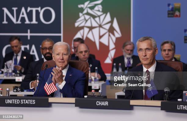 Secretary General Jens Stoltenberg and U.S. President Joe Biden attend the opening high-level session of the 2023 NATO Summit on July 11, 2023 in...