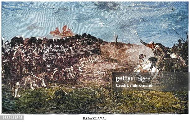 old engraved illustration of battle of balaclava - 25 october 1854 during the crimean war, part of the siege of sevastopol (1854–55) - crimean war stock pictures, royalty-free photos & images