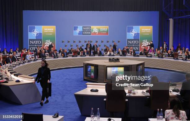 Leaders attend the opening high-level session of the 2023 NATO Summit on July 11, 2023 in Vilnius, Lithuania. The summit is bringing together NATO...