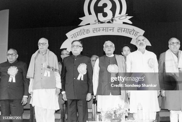 Bhartiya Janta Party leaders L K Advani, Atal Behari Vajpayee and Sahib Singh Varma dring a meeting in New Delhi on December 03, 1996.