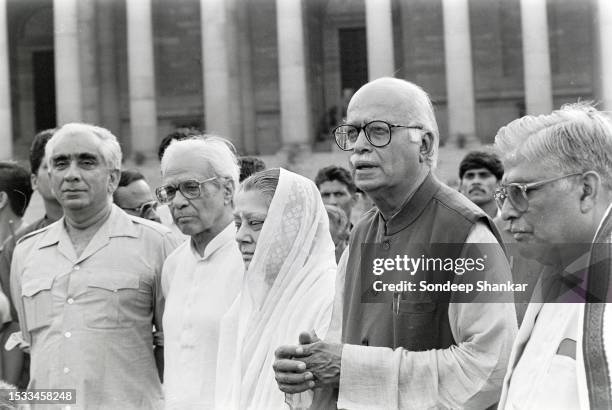 Bhartiya Janta Party leader Lal Krishna Advani along with Dr Murli Manohar Joshi, Jaswant Singh and others, came out of the Presidential Palace in...