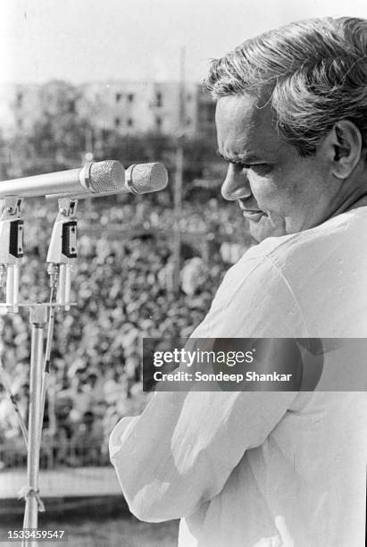 Hindu nationalist Jansangh party leader Atal Behari Vajpayee addresses a rally at Ramlila Grounds in New Delhi on August 01, 1979.