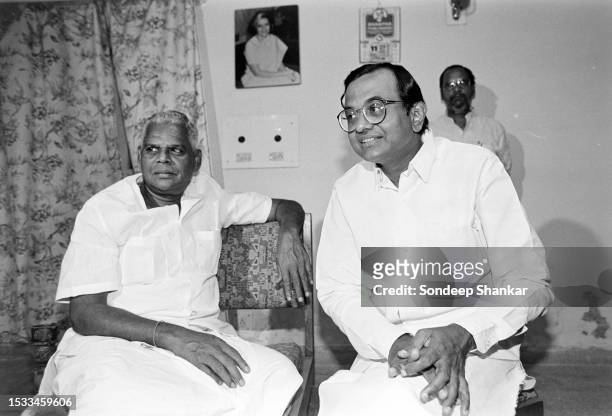 Former Congress turncoats and Tamil Manila Congress leaders G K Moopanar and P Chidambaram after the Congress party faces defeat in the Parliamentary...