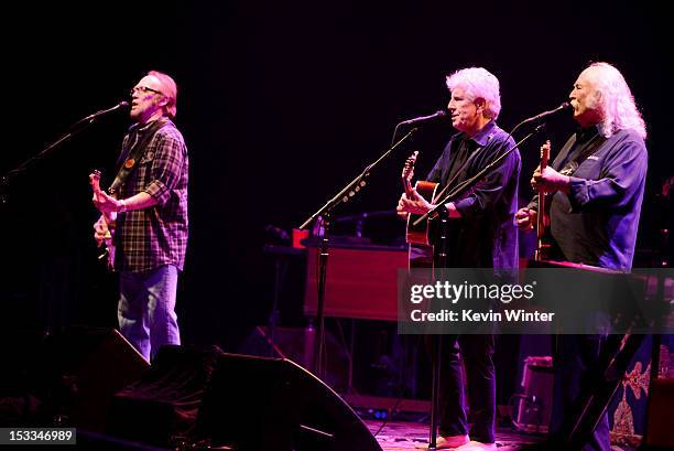 Musicians Stephen Stills, Graham Nash and David Crosby of Crosby, Stills and Nash perform at a "No On Proposition 32" concert at the Nokia Theatre...