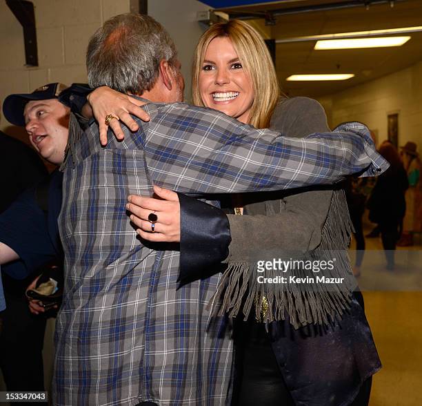 Jorma Kaukonen and Grace Potter backstage at the "Love For Levon" Benefit To Save The Barn at Izod Center on October 3, 2012 in East Rutherford, New...