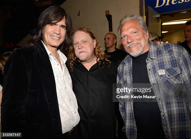 Larry Campbell, Warren Haynes and Jorma Kaukonen backstage at the "Love For Levon" Benefit To Save The Barn at Izod Center on October 3, 2012 in East...