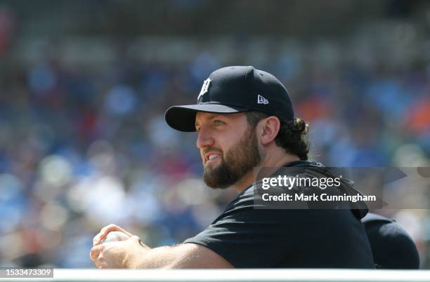 Casey Mize of the Detroit Tigers looks on from the dugout during the game against the Toronto Blue Jays at Comerica Park on July 8, 2023 in Detroit,...