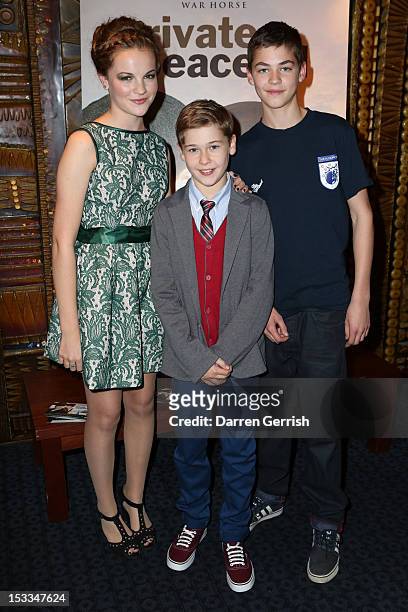 Izzy Meikle-Small, Sam Bottomley and Hero Fiennes Tiffin attend the premiere of "Private Peaceful" at the Curzon Mayfair on October 3, 2012 in...